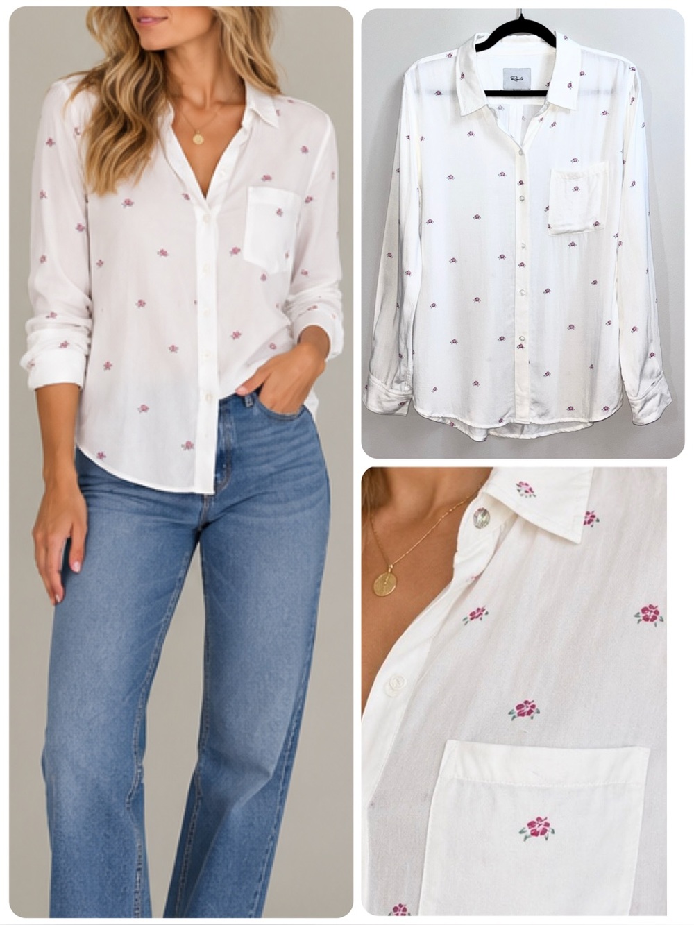Rails Rocsi Hibiscus Print Button Down Shirt White Pink Floral Size Small